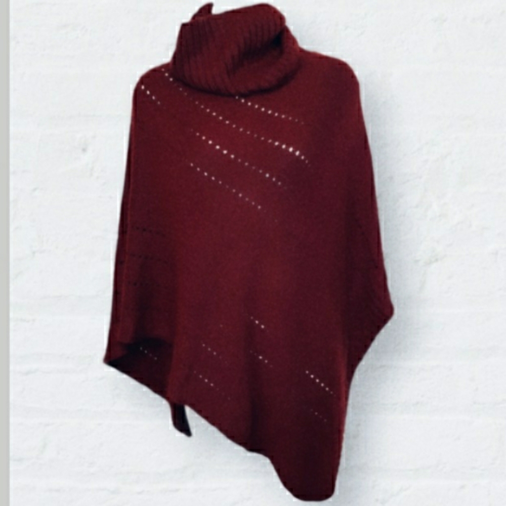 Red Knit Cowl Neck Poncho Shawl Sweater